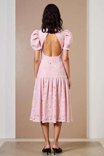 Floral Pink High Neck A Line Midi Wedding Guest Dress with Puff Sleeves